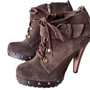 Colin Stuart Women Brown Suede Studded Lace Up Buckle Ankle Boots Boho Y2K‎ EUC